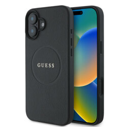 Husa iPhone 16 Guess Grained Gold Ring MagSafe, negru, GUHMP16SPGHSMMK