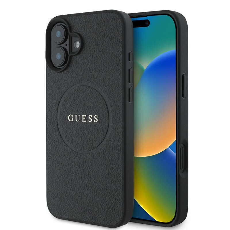 Husa iPhone 16 Guess Grained Gold Ring MagSafe, negru, GUHMP16SPGHSMMK