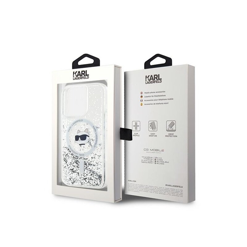 Husa Karl Lagerfeld iPhone 14 Pro Max Liquid Glitter MagSafe, Choupette Head, clear, KLHMP14XLGCHSGH