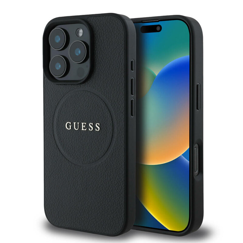 Husa iPhone 16 Pro Max Guess Grained Gold Ring MagSafe, negru, GUHMP16XPGHSMMK