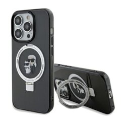 Husa iPhone 14 Pro Max Karl Lagerfeld Hardcase Ring Stand MagSafe, Karl&Choupette, negru, KLHMP14XHMRSKCK
