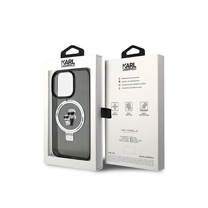 Husa iPhone 14 Pro Max Karl Lagerfeld Hardcase Ring Stand MagSafe, Karl&Choupette, negru, KLHMP14XHMRSKCK