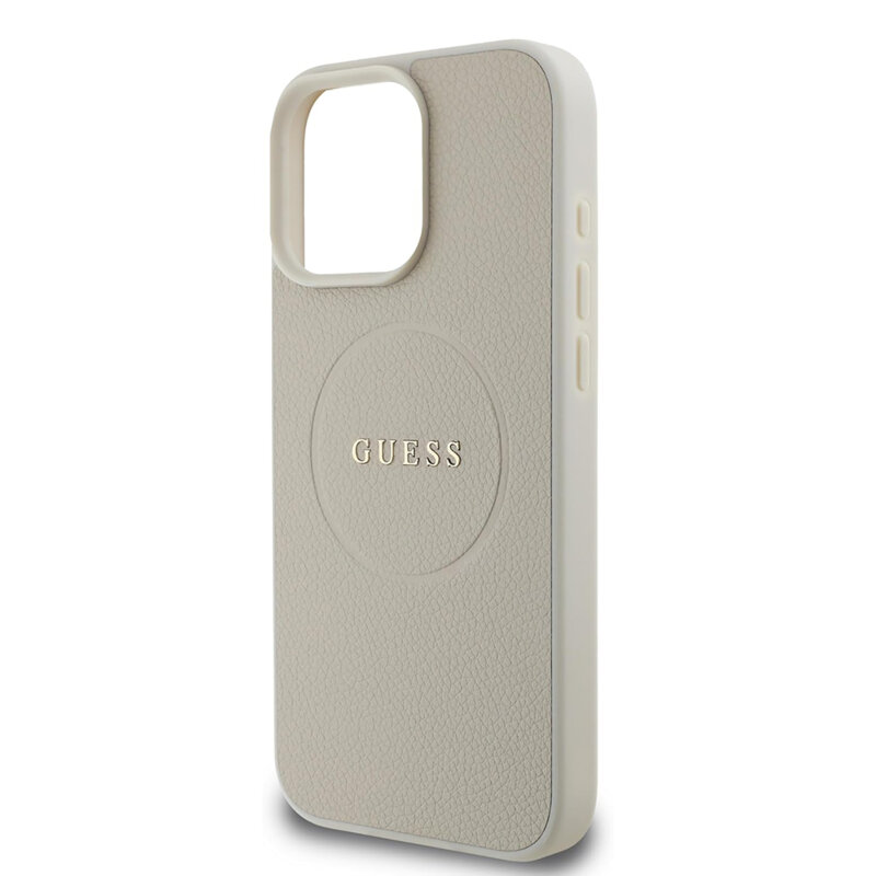 Husa iPhone 16 Pro Guess Grained Gold Ring MagSafe, bej, GUHMP16LPGHSMME