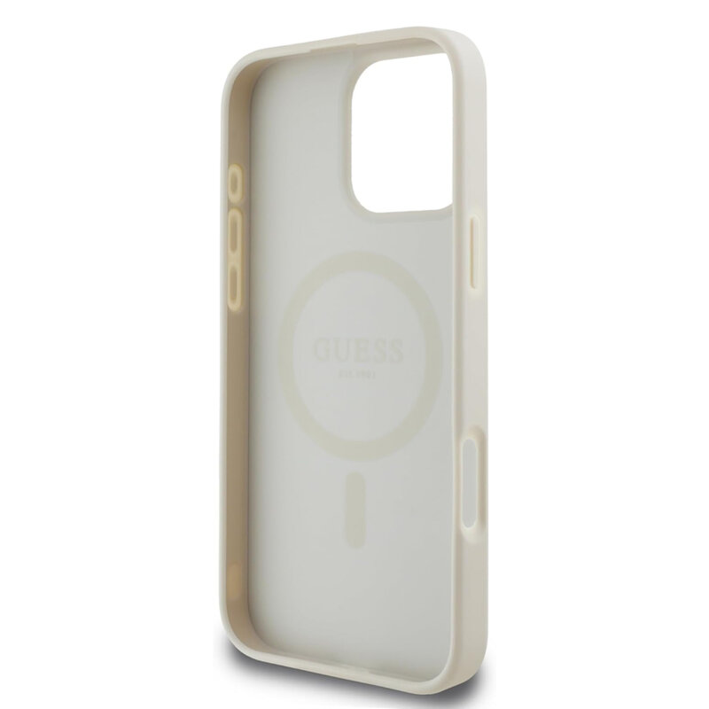 Husa iPhone 16 Pro Guess Grained Gold Ring MagSafe, bej, GUHMP16LPGHSMME
