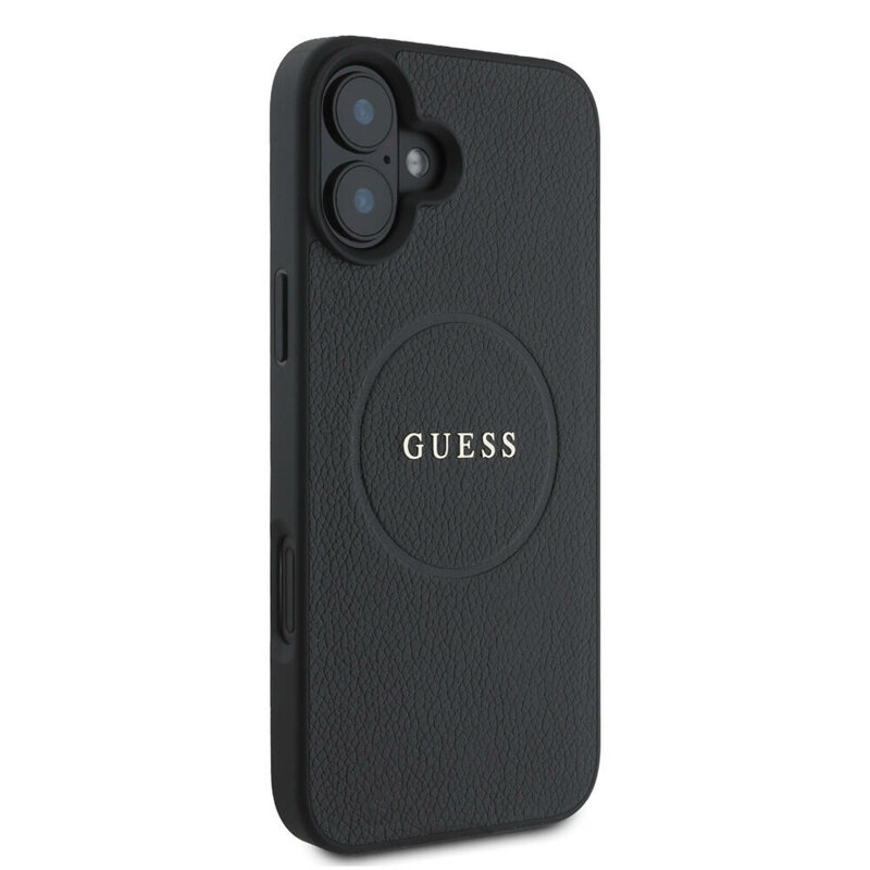 Husa iPhone 16 Plus Guess Grained Gold Ring MagSafe, negru, GUHMP16MPGHSMMK