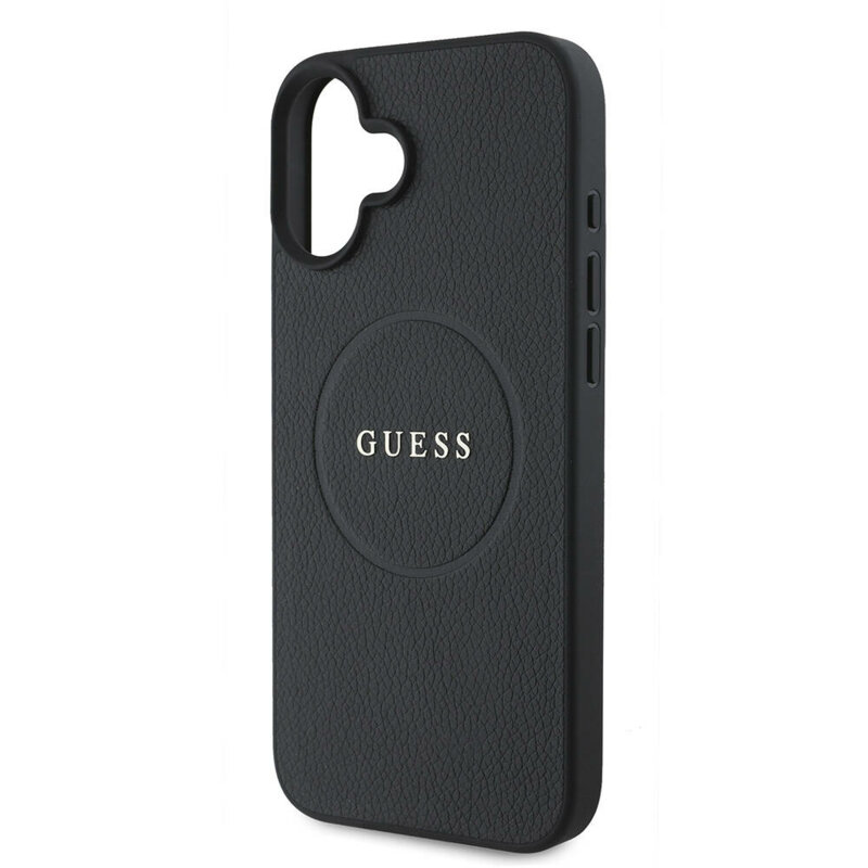 Husa iPhone 16 Plus Guess Grained Gold Ring MagSafe, negru, GUHMP16MPGHSMMK