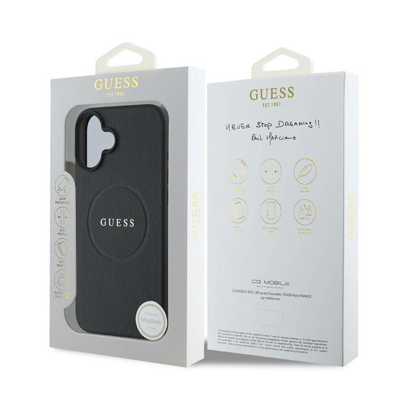 Husa iPhone 16 Plus Guess Grained Gold Ring MagSafe, negru, GUHMP16MPGHSMMK