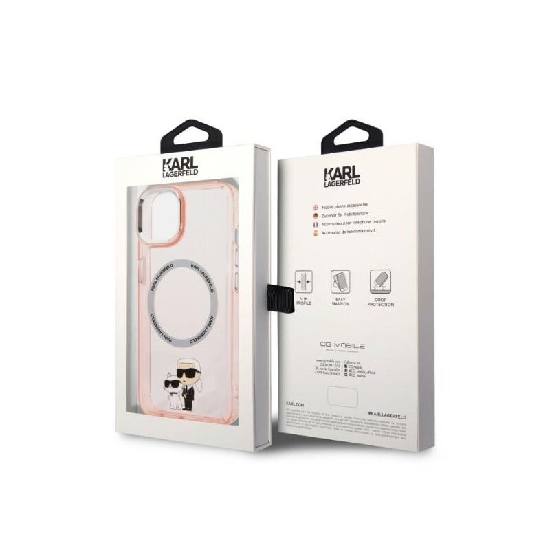 Husa iPhone 14 Karl Lagerfeld Hardcase MagSafe, Iconic Karl&Choupette, roz, KLHMP14SHNKCIP