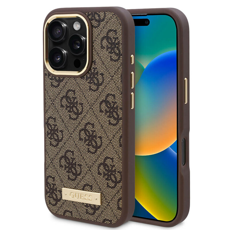 Husa originala Guess iPhone 16 Pro Hardcase 4G Logo Plate MagSafe, maro, GUHMP16LU4GPRW
