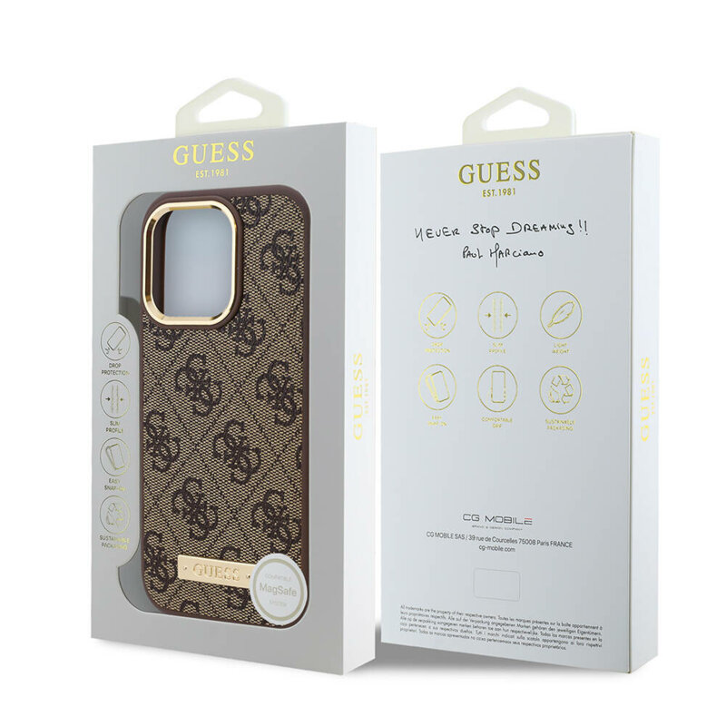 Husa originala Guess iPhone 16 Pro Hardcase 4G Logo Plate MagSafe, maro, GUHMP16LU4GPRW