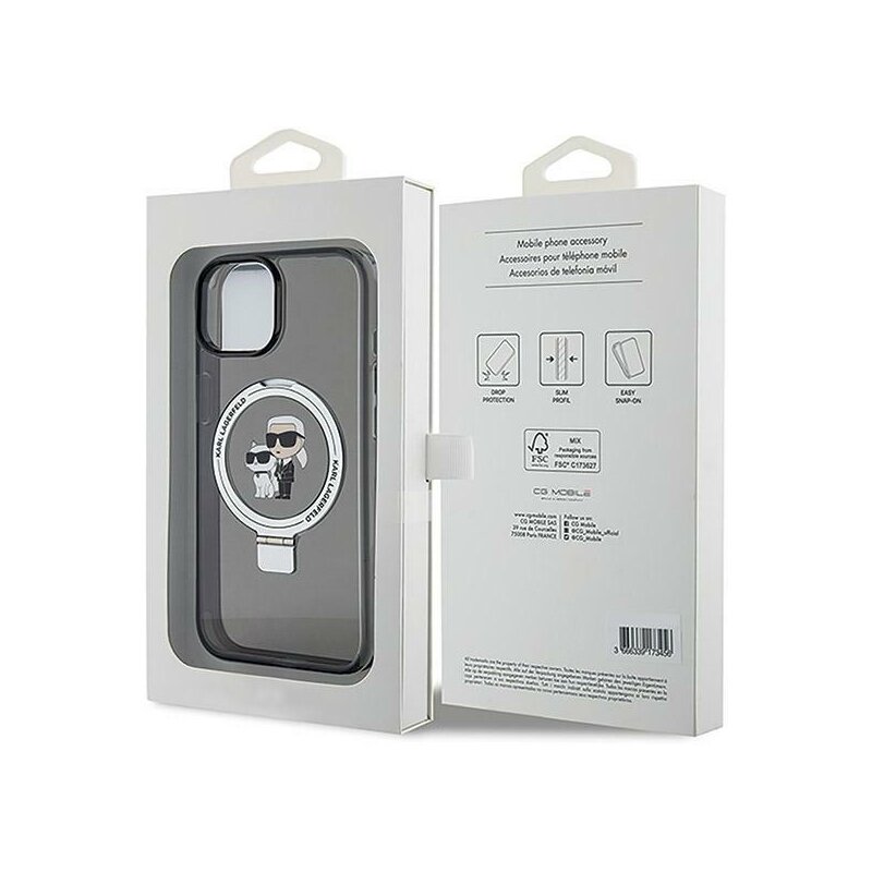 Husa iPhone 14 Karl Lagerfeld Hardcase Ring Stand MagSafe, Karl&Choupette, negru, KLHMP14SHMRSKCK