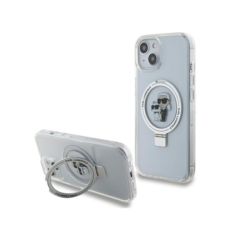 Husa iPhone 14 Karl Lagerfeld Hardcase Ring Stand MagSafe, Karl&Choupette, alb, KLHMP14SHMRSKCH