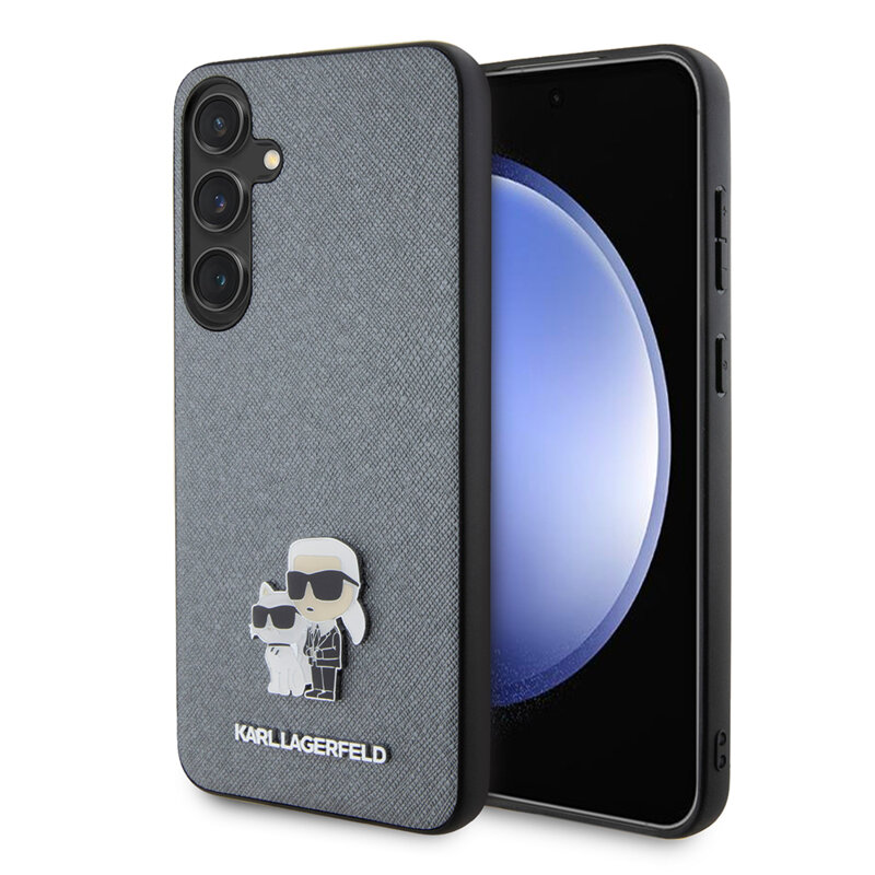 Husa originala Samsung Galaxy S24 Plus Karl Lagerfeld Saffiano, Karl&Choupette Metal Pin, gri, KLHCS24MPSAKCMPG