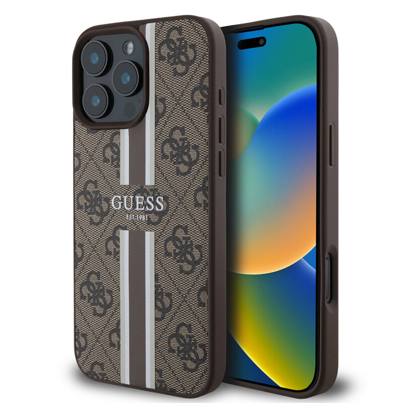 Husa originala Guess iPhone 16 Pro Hardcase 4G Printed Stripes MagSafe, maro, GUHMP16LP4RPSW