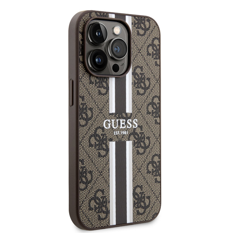 Husa originala Guess iPhone 15 Pro Max Hardcase 4G Printed Stripes MagSafe, maro, GUHMP15XP4RPSW