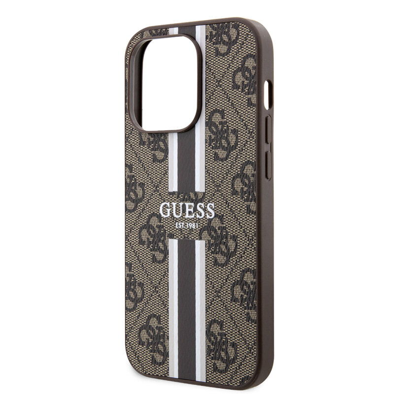 Husa originala Guess iPhone 15 Pro Max Hardcase 4G Printed Stripes MagSafe, maro, GUHMP15XP4RPSW