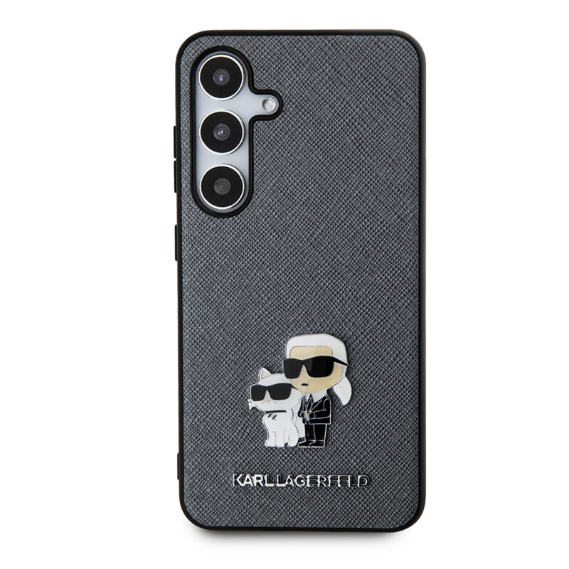 Husa originala Samsung Galaxy S24 Karl Lagerfeld Saffiano, Karl&Choupette Metal Pin, gri, KLHCS24SPSAKCMPG