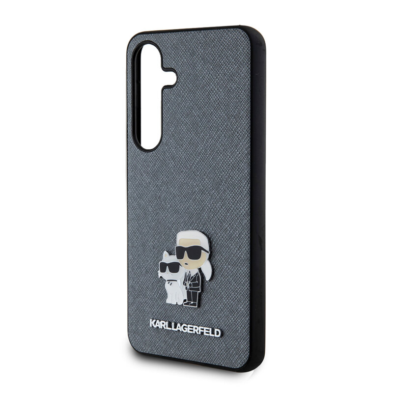Husa originala Samsung Galaxy S24 Karl Lagerfeld Saffiano, Karl&Choupette Metal Pin, gri, KLHCS24SPSAKCMPG