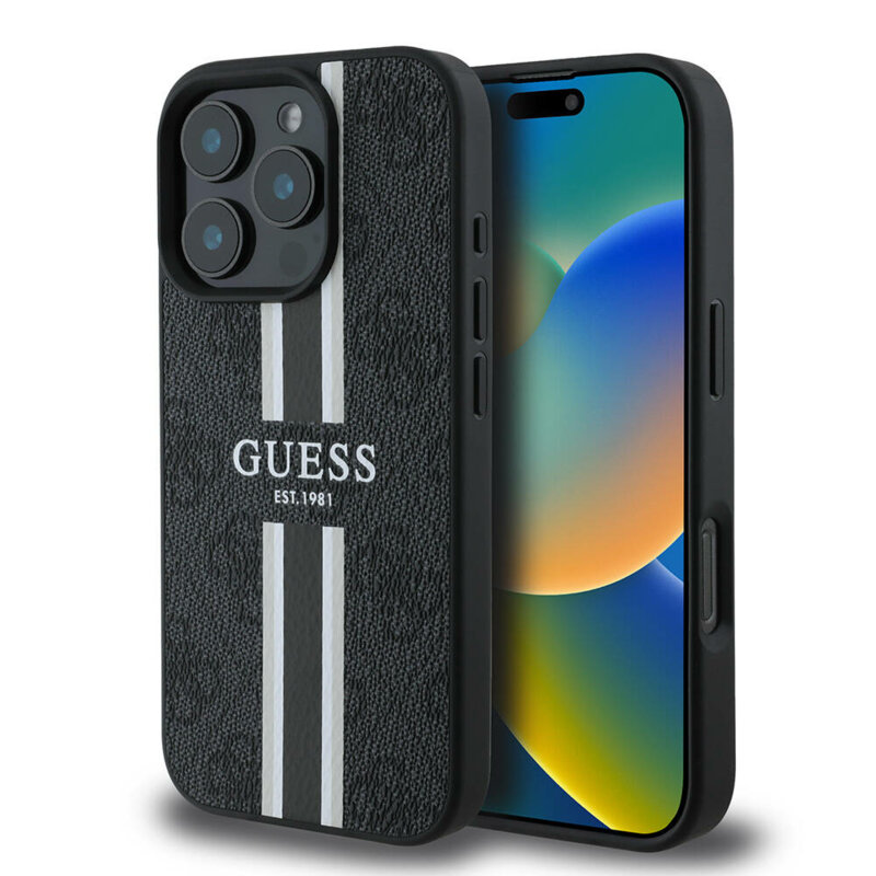 Husa originala Guess iPhone 16 Pro Max Hardcase 4G Printed Stripes MagSafe, negru, GUHMP16XP4RPSK