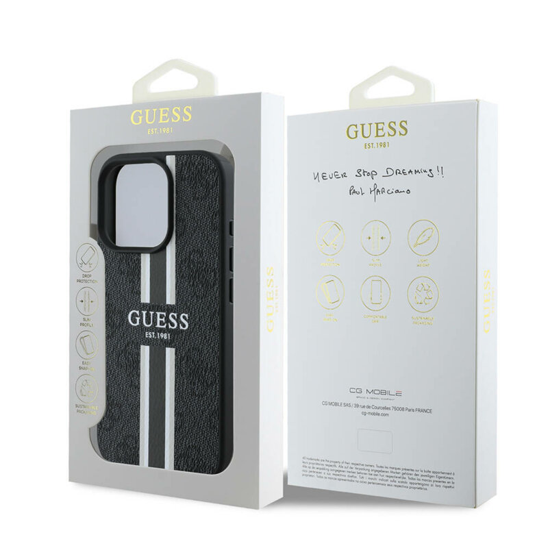 Husa originala Guess iPhone 16 Pro Hardcase 4G Printed Stripes MagSafe, negru, GUHMP16LP4RPSK