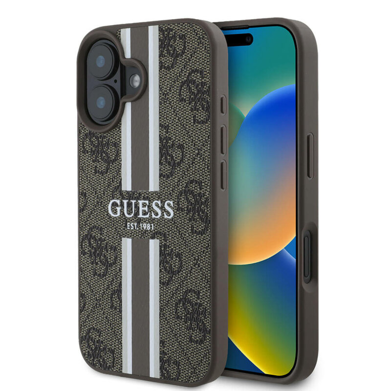 Husa originala Guess iPhone 16 Hardcase 4G Printed Stripes MagSafe, maro, GUHMP16SP4RPSW