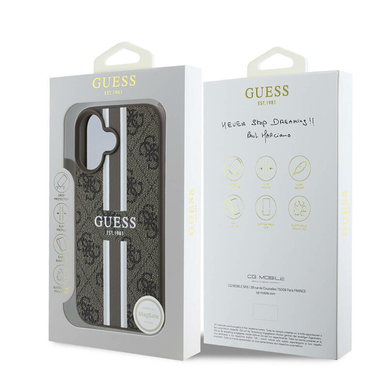 Husa originala Guess iPhone 16 Plus Hardcase 4G Printed Stripes MagSafe, maro, GUHMP16MP4RPSW