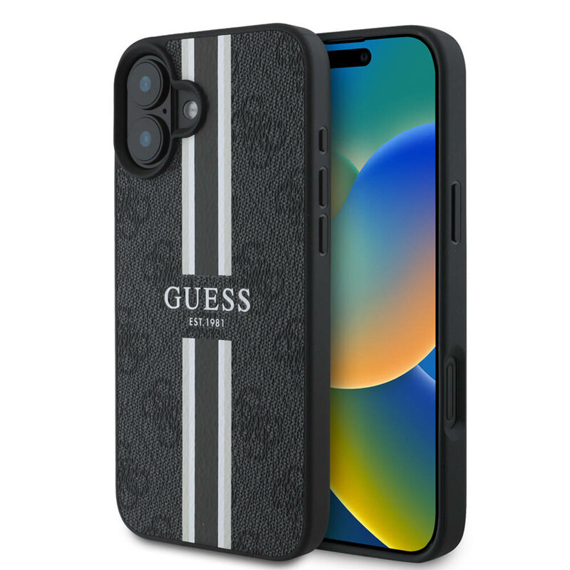 Husa originala Guess iPhone 16 Plus Hardcase 4G Printed Stripes MagSafe, negru, GUHMP16MP4RPSK