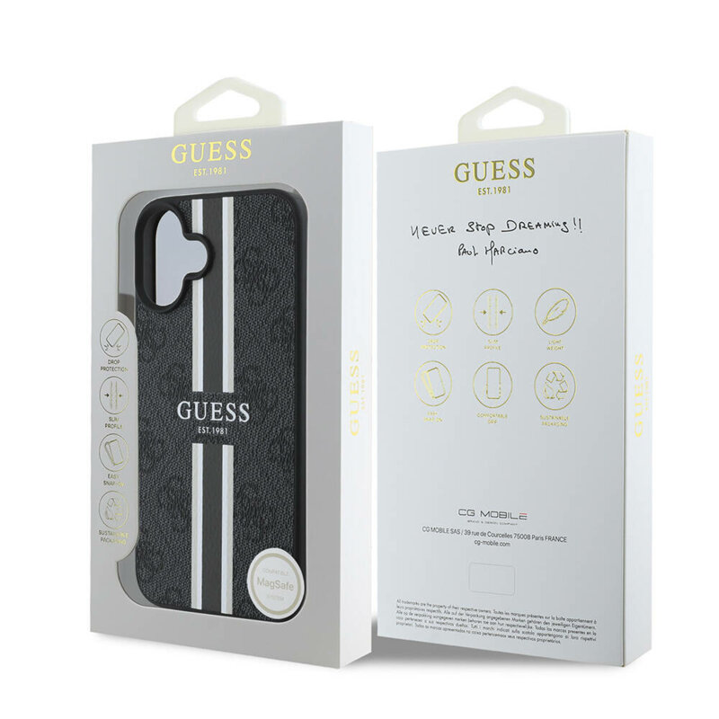 Husa originala Guess iPhone 16 Plus Hardcase 4G Printed Stripes MagSafe, negru, GUHMP16MP4RPSK