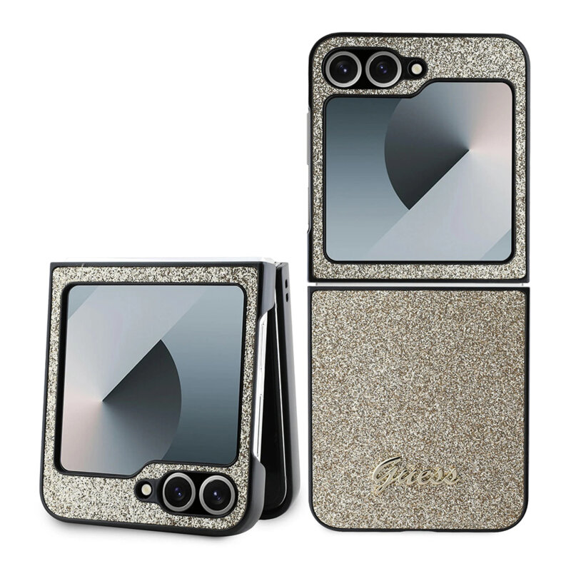Husa Guess Glitter Script Samsung Galaxy Z Flip6 cu sclipici, auriu, GUHCZF6HGGSHD