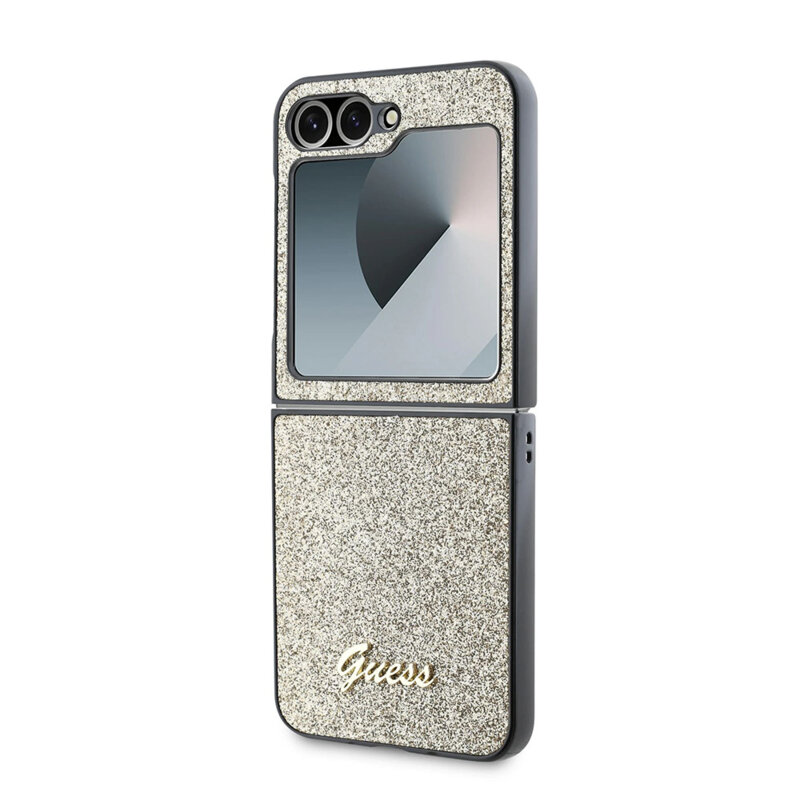 Husa Guess Glitter Script Samsung Galaxy Z Flip6 cu sclipici, auriu, GUHCZF6HGGSHD