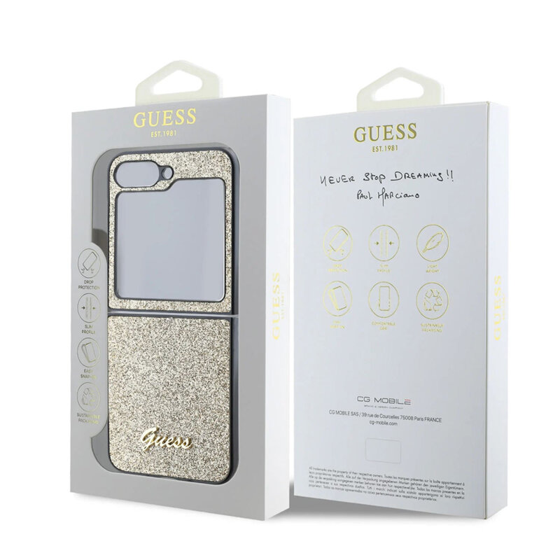 Husa Guess Glitter Script Samsung Galaxy Z Flip6 cu sclipici, auriu, GUHCZF6HGGSHD