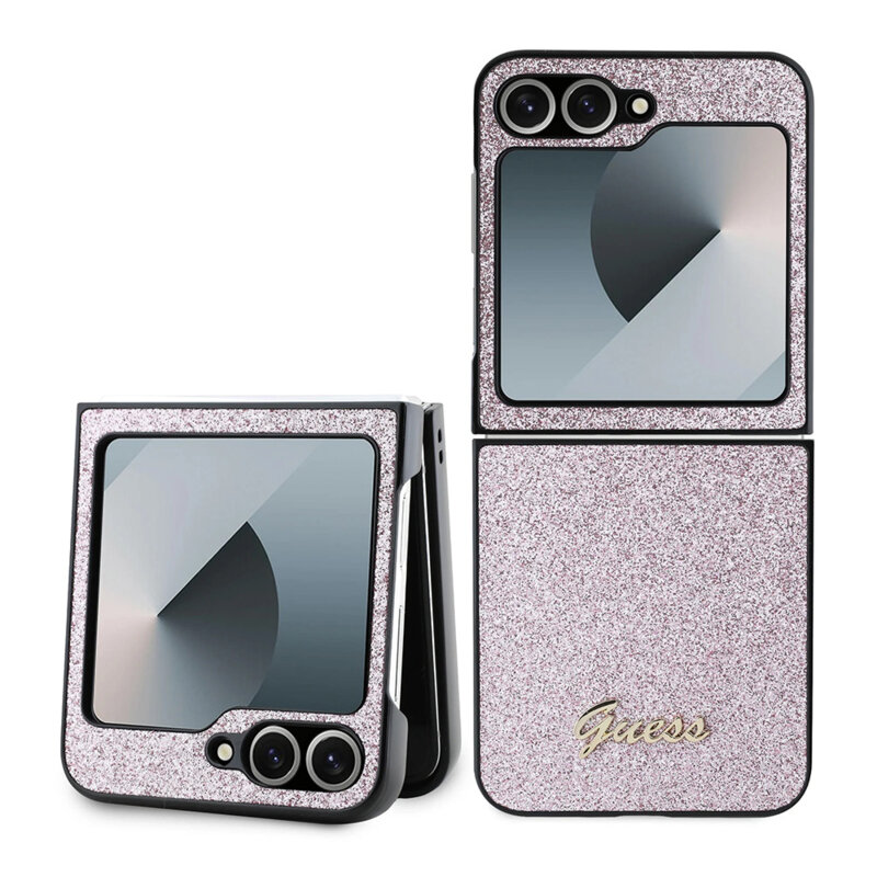 Husa Guess Glitter Script Samsung Galaxy Z Flip6 cu sclipici, roz, GUHCZF6HGGSHP