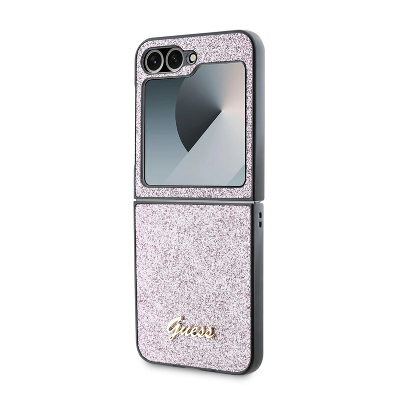 Husa Guess Glitter Script Samsung Galaxy Z Flip6 cu sclipici, roz, GUHCZF6HGGSHP