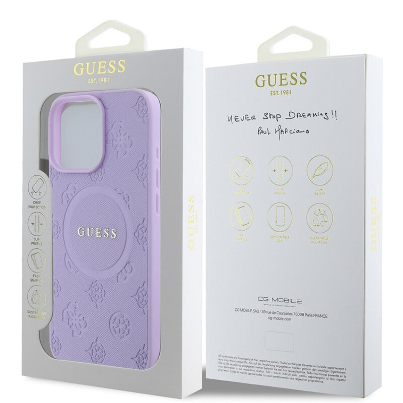 Husa Guess Saffiano Peony Classic Logo MagSafe iPhone 16 Pro, mov, GUHMP16LPSAPSMEU