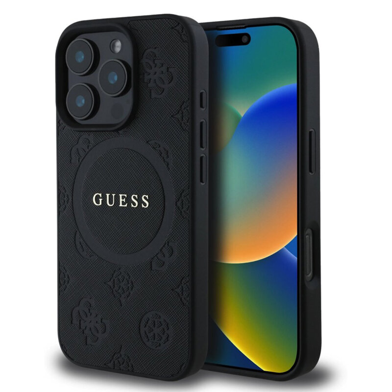 Husa Guess Saffiano Peony Classic Logo MagSafe iPhone 16 Pro Max, negru, GUHMP16XPSAPSMEK