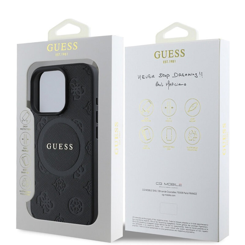 Husa Guess Saffiano Peony Classic Logo MagSafe iPhone 16 Pro, negru, GUHMP16LPSAPSMEK