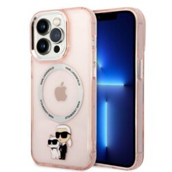 Husa iPhone 14 Pro Karl Lagerfeld Hardcase MagSafe, Iconic Karl&Choupette, roz, KLHMP14LHNKCIP
