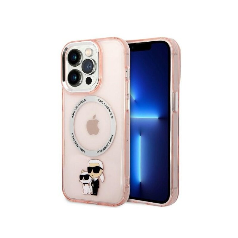 Husa iPhone 14 Pro Karl Lagerfeld Hardcase MagSafe, Iconic Karl&Choupette, roz, KLHMP14LHNKCIP