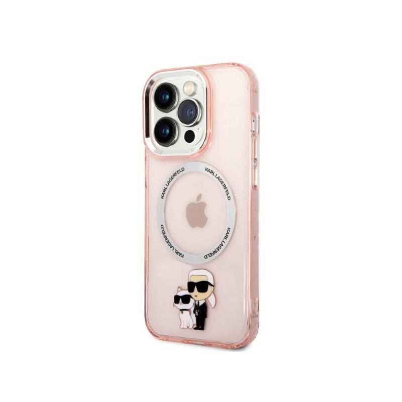 Husa iPhone 14 Pro Karl Lagerfeld Hardcase MagSafe, Iconic Karl&Choupette, roz, KLHMP14LHNKCIP