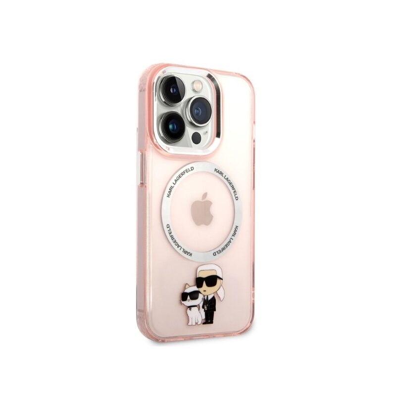 Husa iPhone 14 Pro Karl Lagerfeld Hardcase MagSafe, Iconic Karl&Choupette, roz, KLHMP14LHNKCIP