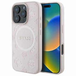 Husa Guess Saffiano Peony Classic Logo MagSafe iPhone 16 Pro, roz, GUHMP16LPSAPSMEP
