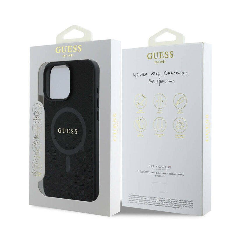 Husa Guess Saffiano Classic Logo MagSafe iPhone 16 Pro Max, negru, GUHMP16XPSAHMCK