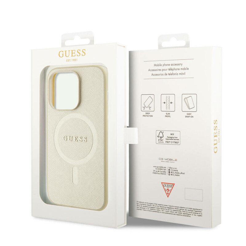 Husa Guess Saffiano MagSafe iPhone 15 Pro Max, auriu, GUHMP15XPSAHMCB
