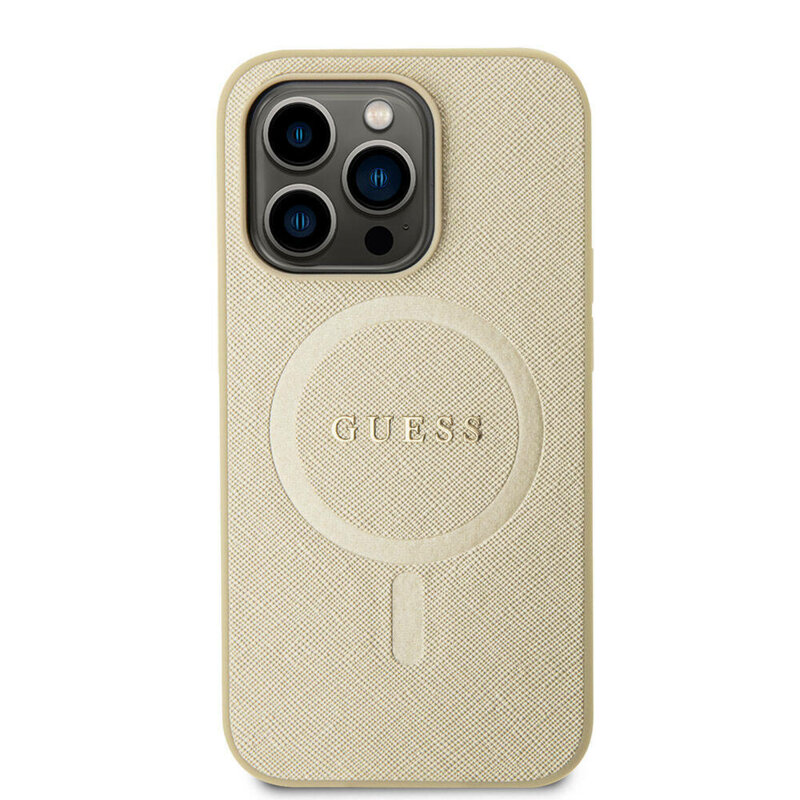 Husa Guess Saffiano MagSafe iPhone 15 Pro, auriu, GUHMP15LPSAHMCB