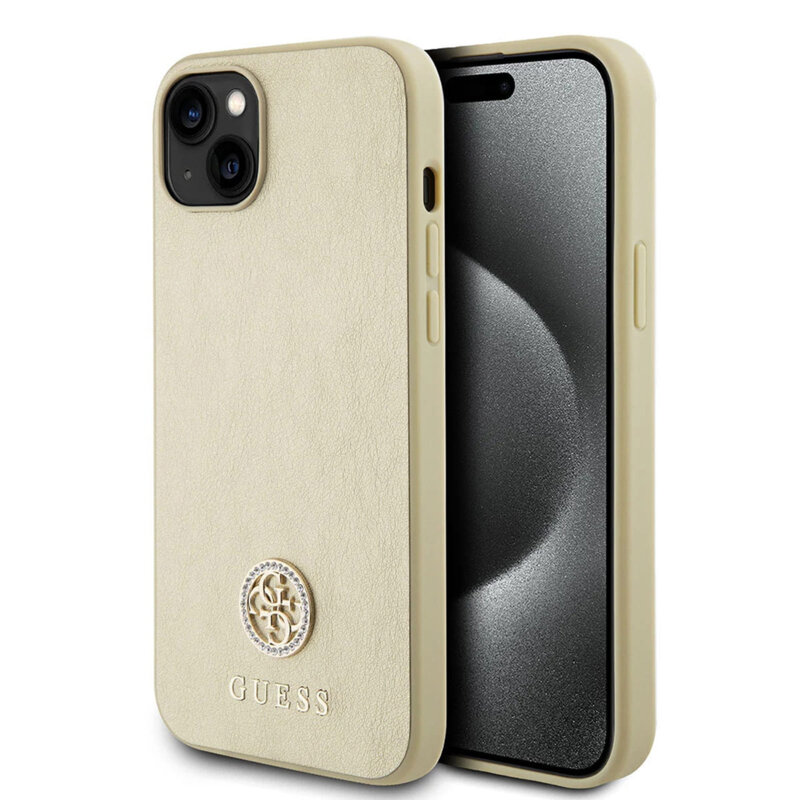 Husa iPhone 15 Guess Strass Metal Logo, auriu, GUHCP15SPS4DGPD