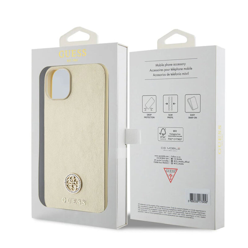 Husa iPhone 15 Guess Strass Metal Logo, auriu, GUHCP15SPS4DGPD