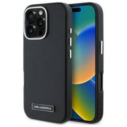 Husa iPhone 16 Pro Max Karl Lagerfeld Leather MagSafe, FW Metal Plate, negru, KLHMP16XPGMSRPK