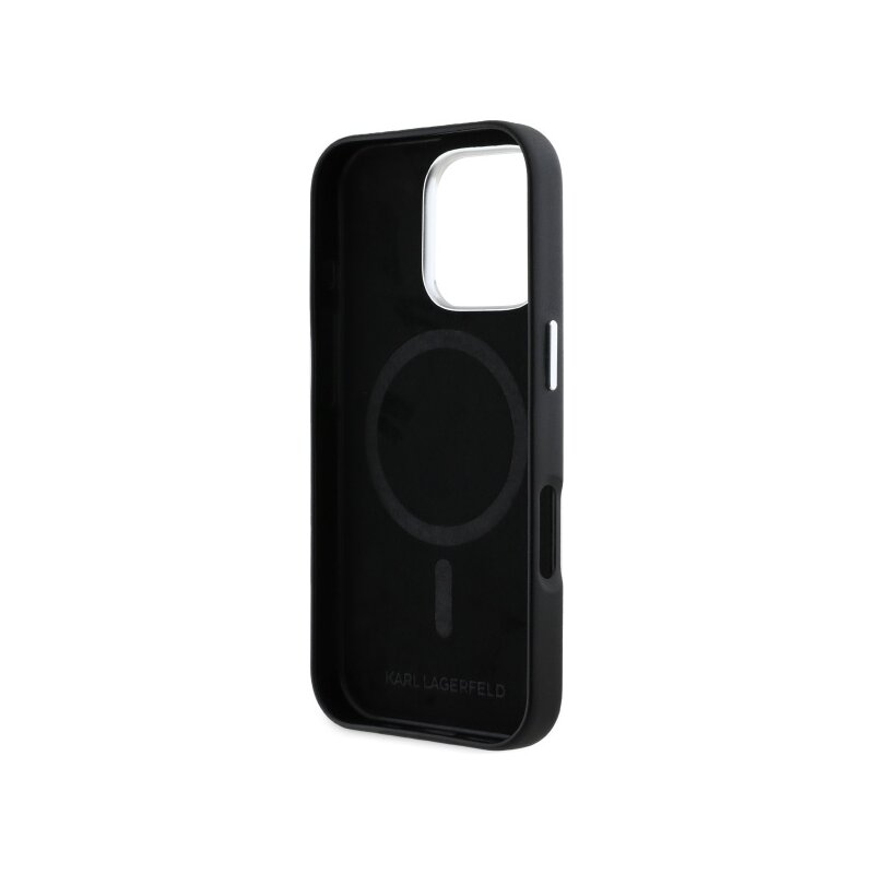 Husa iPhone 16 Pro Max Karl Lagerfeld Leather MagSafe, FW Metal Plate, negru, KLHMP16XPGMSRPK