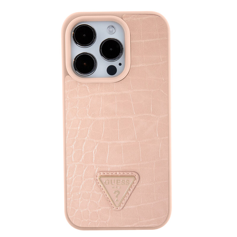 Husa originala Guess iPhone 15 Pro Max Croco Triangle Metal Logo, roz, GUHCP15XPCRTHCP