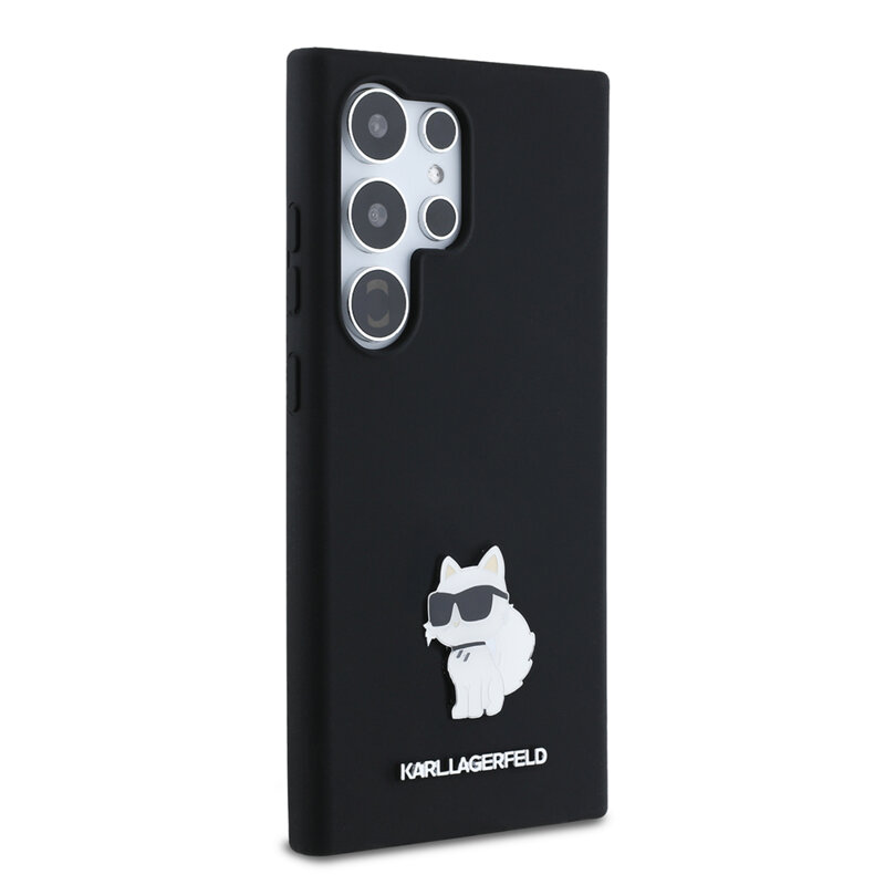 Husa Karl Lagerfeld Samsung Galaxy S24 Ultra Silicone, Choupette Metal Pin, negru, KLHCS24LSMHCNPK